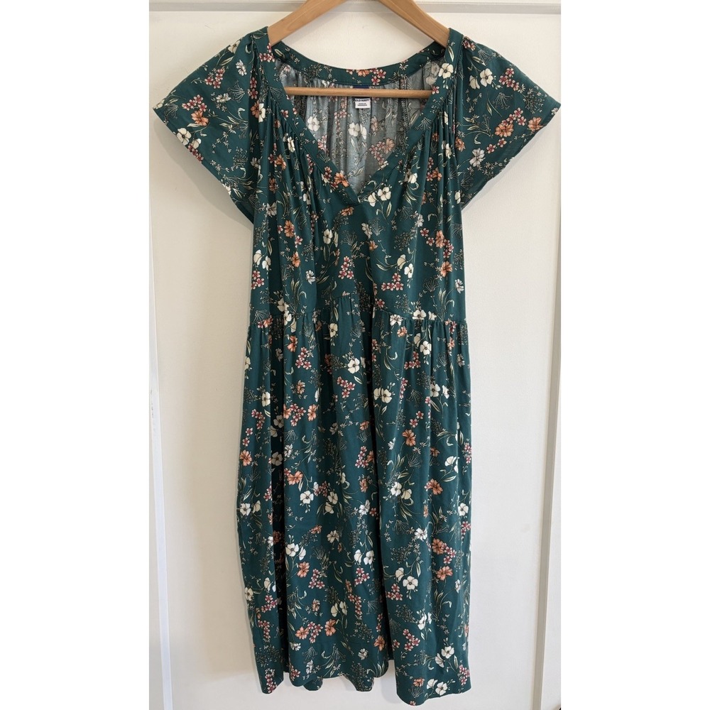 Old Navy MED Green Floral Flutter Sleeve Mini Swing Dress V-Neck With Pockets